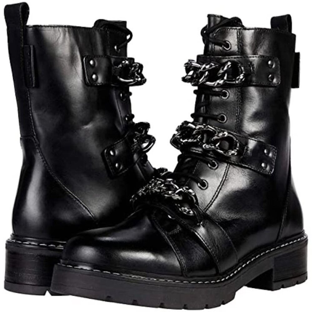 NWOB Kurt Geiger London Storm Leather Combat Boot Chain Detail